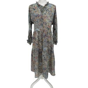 NEW Black Tape_ Blue Floral Long Sleeve Lined Midi Peasant Dress Large